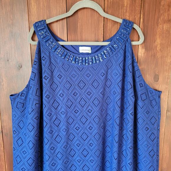 Catherines Plus Royal Blue Eyelet Beaded Mock Neck Sleeveless Midi Sheath Dress - Picture 4 of 5